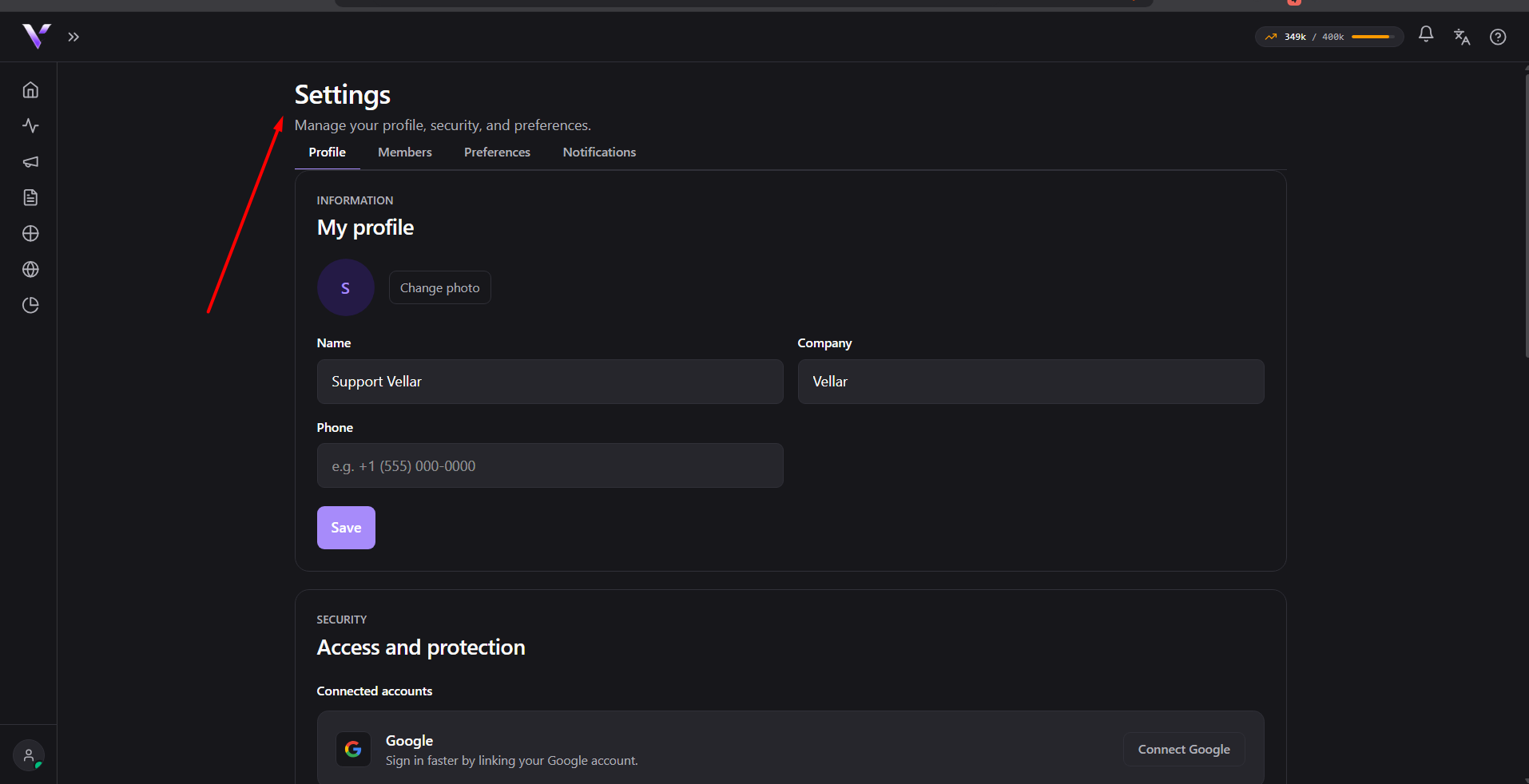 Profile tab